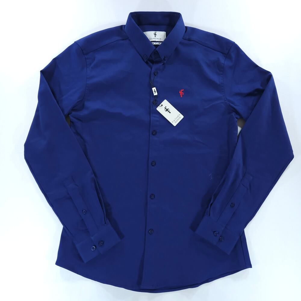 Father Sons Stretch Slim Fit Long Sleeve Button Down Shirt Navy Blue Men's L NWT